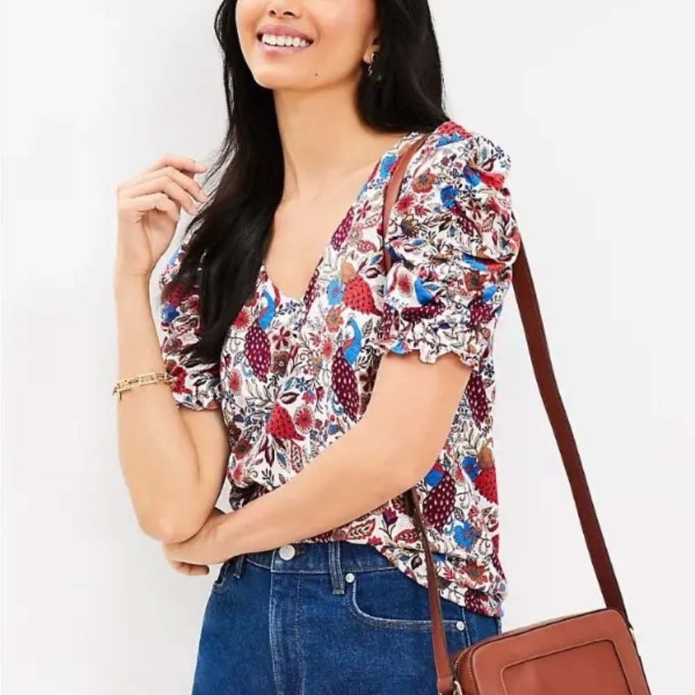 LOFT EUC Peacock Ruffle Cinched Sleeve V Neck Top